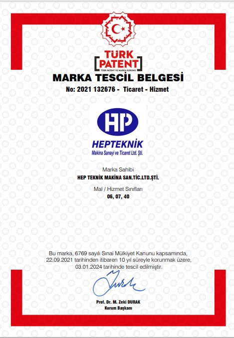 HEPTEKNIK trademark registration certificate issued by the Turkish Patent and Trademark Office, No. 2021 132676