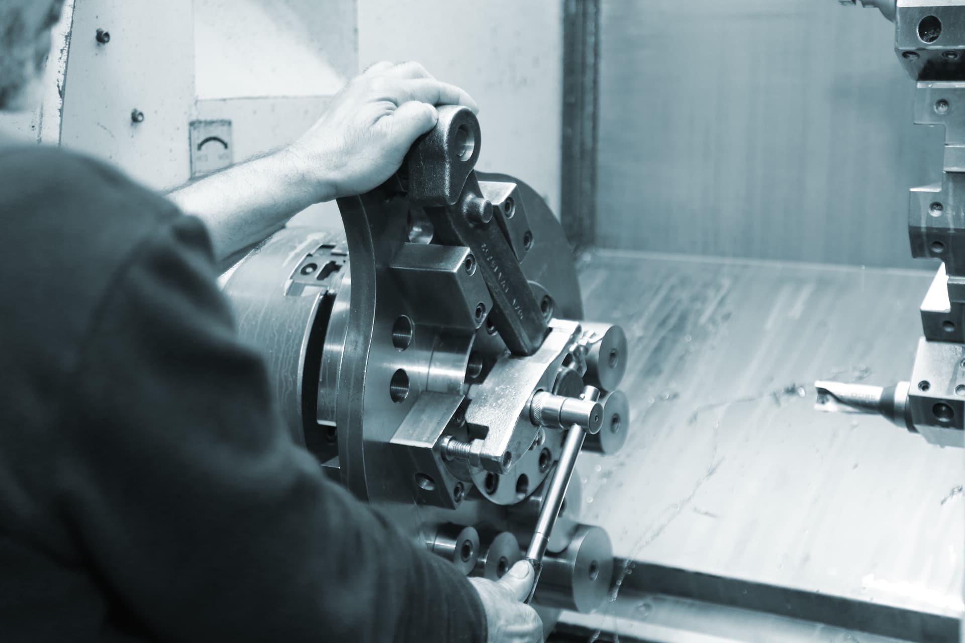 CNC turning centre chuck being set up at the HEPTEKNIK production floor